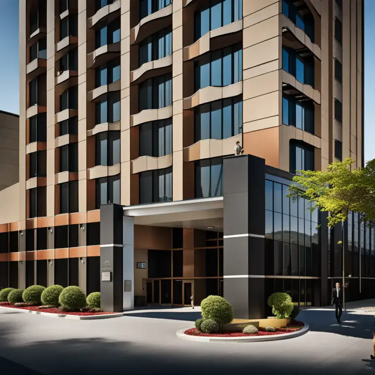 Visual representation of "hotel" - A physical building or place of business where people can book and stay overnight