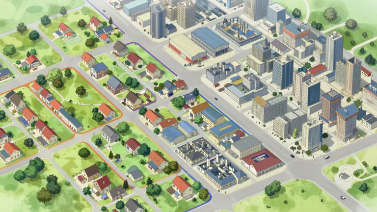 Visual representation of "zoning" - The system of laws that controls the kinds of uses of property and buildings allowed in particular areas.