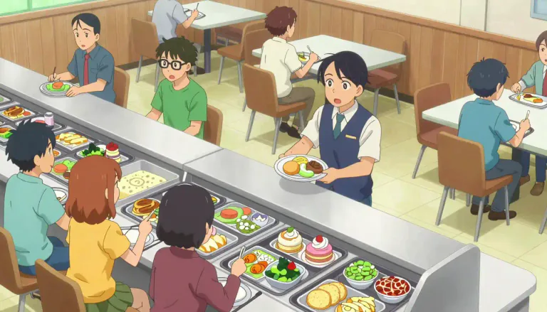 Visual representation of "cafeteria" - A place where you can buy and eat meals, and there is usually a counter where you choose the food.