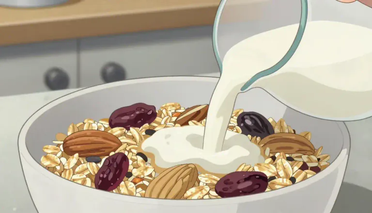 Visual representation of "muesli" - A type of breakfast food, made from rolled oats, dried fruit, nuts, and grains, often eaten with milk or yogurt.