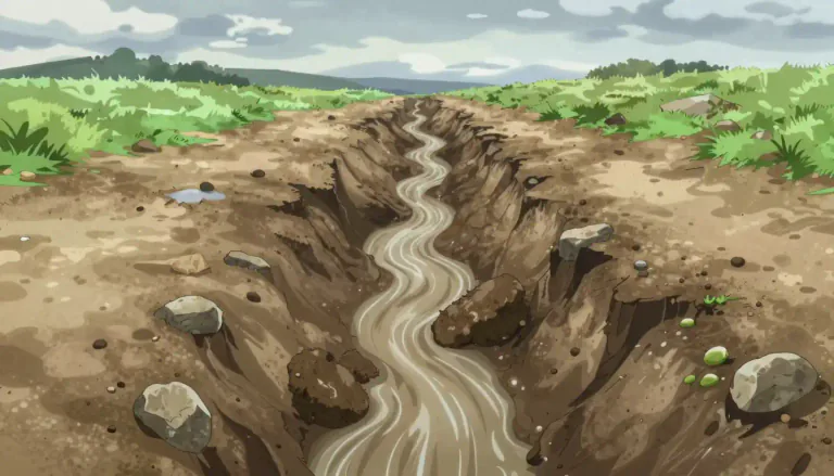 Visual representation of "gulley" - A gulley is a small, deep channel or ditch that is formed by the erosion due to water flow.