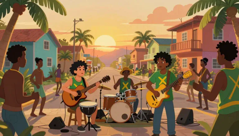 Visual representation of "reggae" - A kind of popular music originated in Jamaica with a slow rhythm and lyrics often about social issues