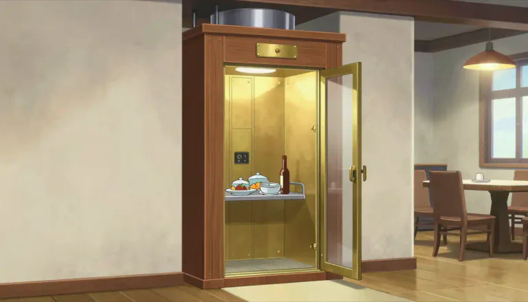 Visual representation of "dumbwaiter" - A small elevator used for carrying food or other items between the floors of a building.