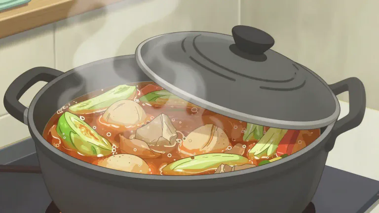 Visual representation of "stew" - To cook food slowly in a liquid in a closed dish or pan.