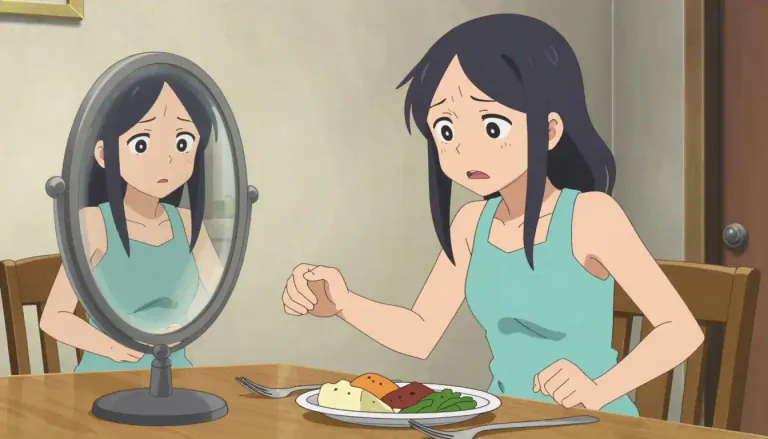 Visual representation of "anorexia" - A disorder where someone has a strong fear of gaining weight and tries not to eat.