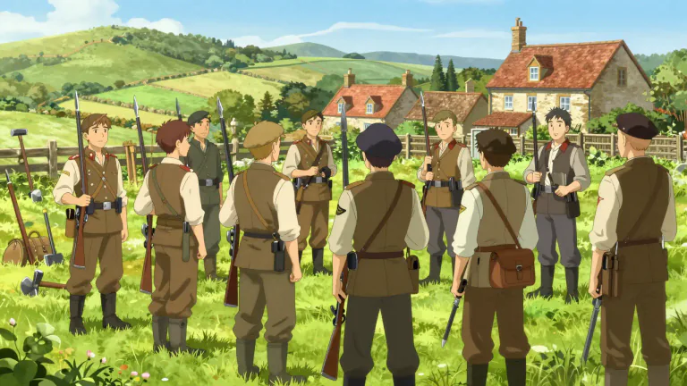 Visual representation of "yeomanry" - In the past, a group of men in Britain who were ready to fight in war if needed but who also had other jobs.
