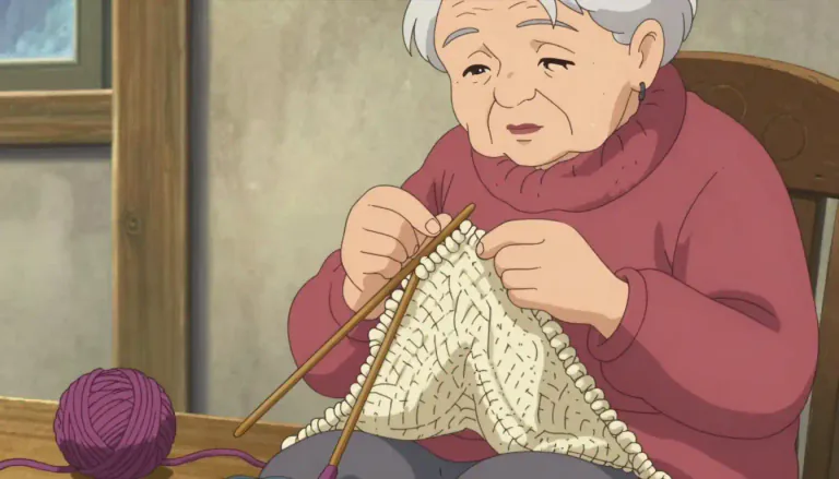 Visual representation of "knit" - To make clothes, blankets, etc., out of thread using two long needles