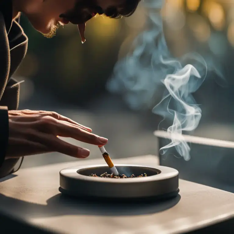 Visual representation of "stub out" - To put out or extinguish a cigarette by pressing the burning end against something.