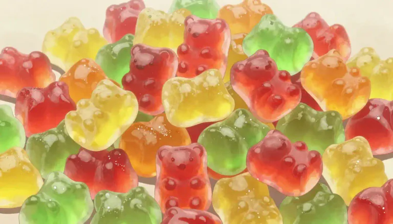 Visual representation of "gummi" - A type of chewy candy made from gelatin and sugar, often flavored and shaped into different forms.
