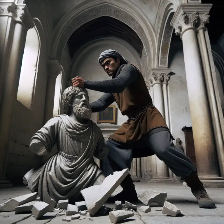 Visual representation of "iconoclast" - A person who destroys religious images or opposes their worship.