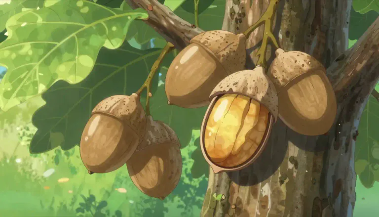 Visual representation of "pecan" - A type of nut that grows on a big tree and has a smooth shell and sweet taste.
