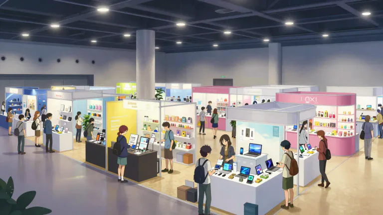Visual representation of "expo" - A large public event at which goods, services, or products are displayed and promoted.