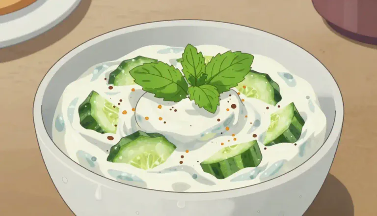 Visual representation of "raita" - A chilled yogurt-based dish typically served as a condiment with Indian food.