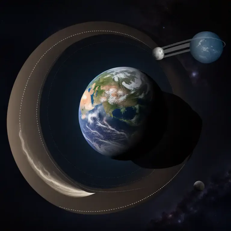Visual representation of "satellite" - A small planet, moon or object that revolves around another bigger one.