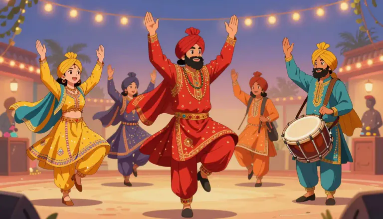 Visual representation of "bhangra" - Bhangra is a lively dance and music style that comes from the Punjab region of India and Pakistan, often performed at celebrations.