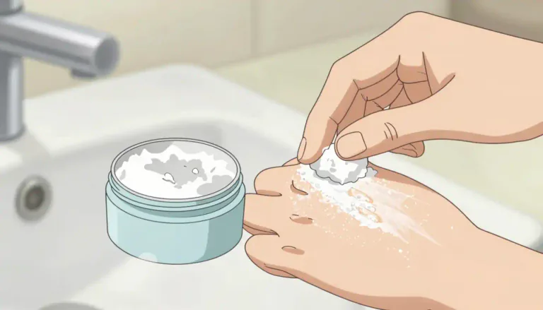 Visual representation of "talcum" - A fine powder made from talc, often used to absorb moisture and reduce friction, commonly used in products like baby powder.