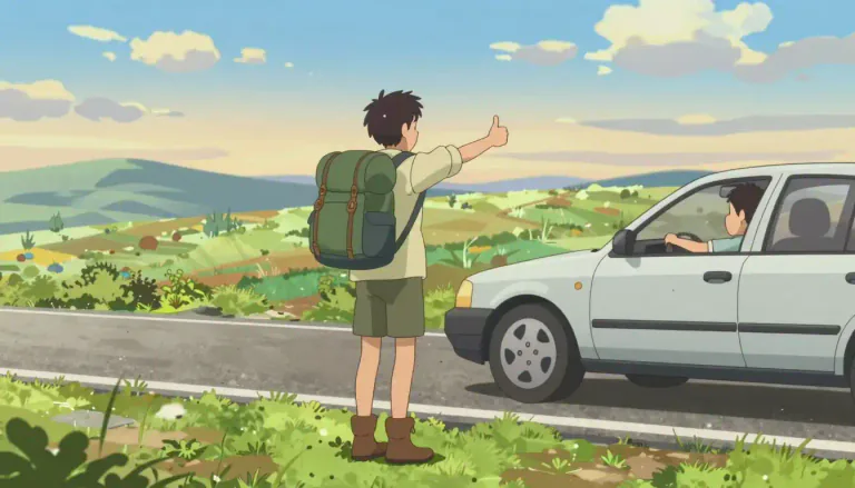 Visual representation of "hitchhiker" - A person who travels by getting free rides from passing vehicles.
