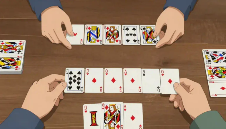 Visual representation of "canasta" - A card game played with two decks of cards in which players try to form melds of seven cards of the same rank.