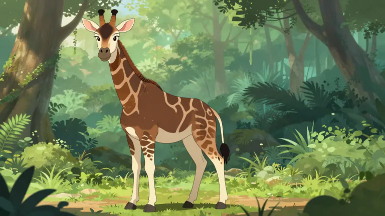 Visual representation of "okapi" - A large, herbivorous mammal native to the dense rainforests of the Democratic Republic of the Congo, known for its long neck and brown body with zebra-like stripes on its hind limbs.