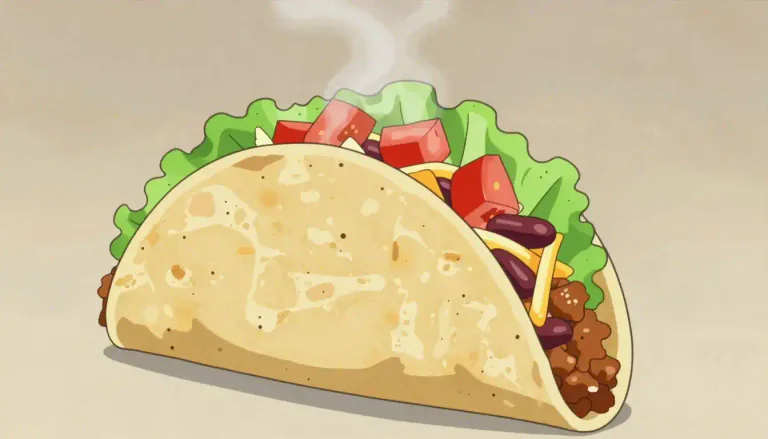 Visual representation of "taco" - A Mexican food that consists of a folded or rolled tortilla filled with various mixtures, such as seasoned meat, cheese, or beans.