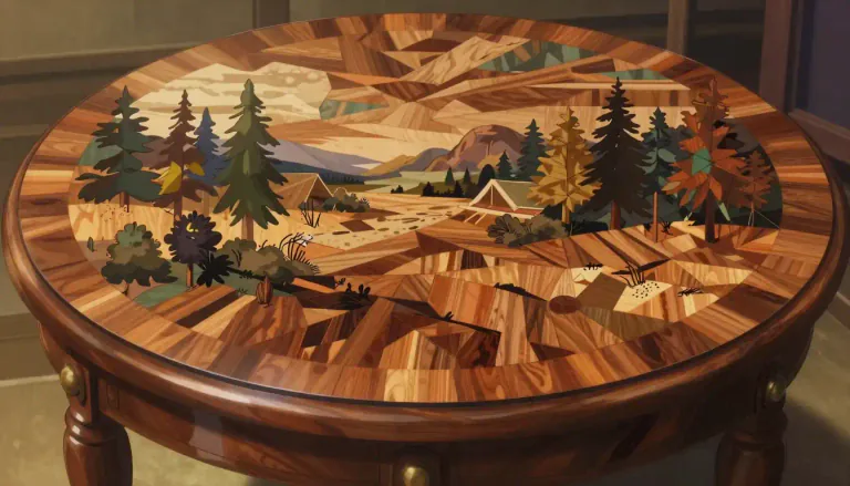 Visual representation of "marquetry" - The art of creating designs and pictures using pieces of different types of wood or other materials