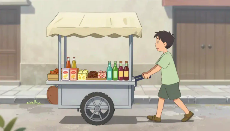Visual representation of "pushcart" - A small, wheeled cart that is pushed by a person, often used for selling goods.