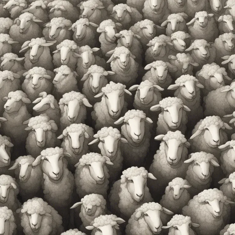 Visual representation of "like sheep" - Behaving in a way that a group or crowd does, without thinking or deciding for oneself.