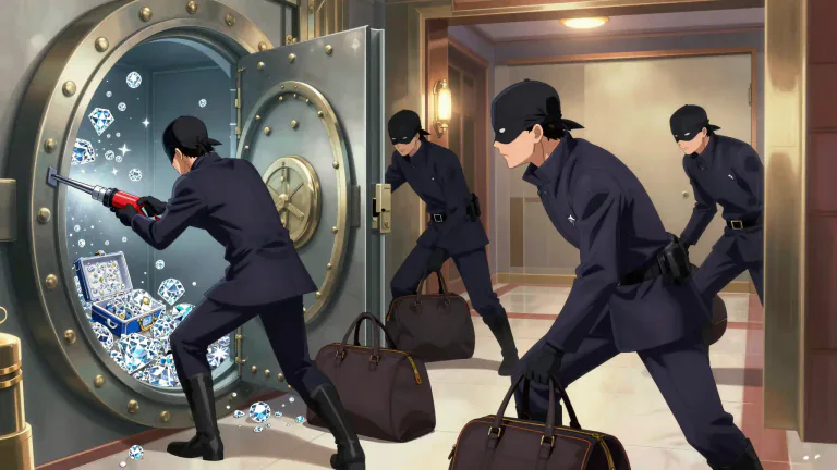 Visual representation of "heist" - An act of stealing, especially a large amount of money, goods, jewels etc.