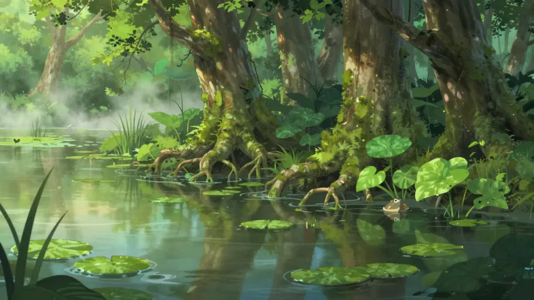 Visual representation of "swamp" - A wetland with many trees and plants growing