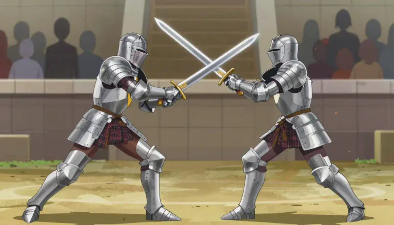 Visual representation of "swordfight" - A duel or fight between two people using swords.