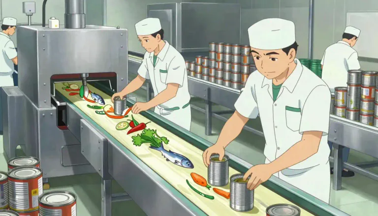 Visual representation of "cannery" - A factory where food is put into cans to preserve it