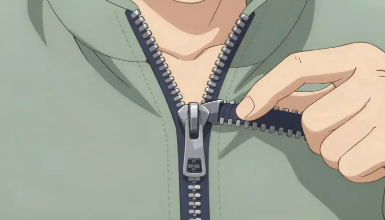 Visual representation of "zipper" - A device consisting of two flexible strips with interlocking metal or plastic teeth and a sliding mechanism, used to fasten clothing, bags, and other items.