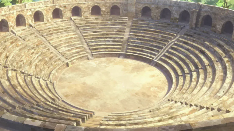 Visual representation of "amphitheater" - A round or oval structure with seats arranged around a central area for performances or gatherings.