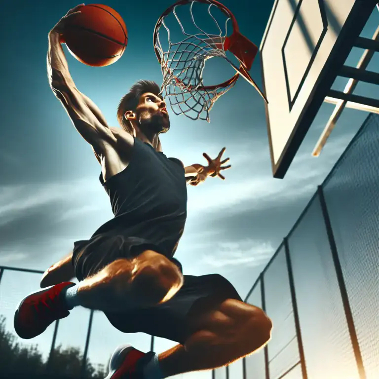 Visual representation of "dunk" - In basketball, to jump high and forcefully push (the ball) down into the basket.