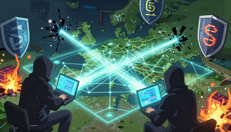 Visual representation of "cyberwarfare" - The act of using technology and computers to conduct aggressive actions in warfare, often involving hacking and other strategies to undermine opponents.