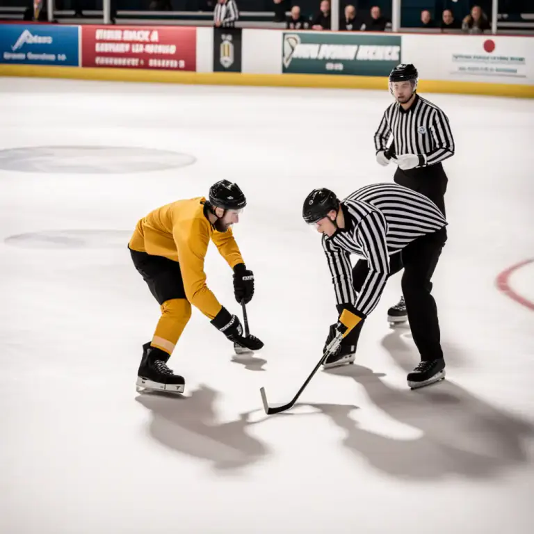 Visual representation of "face off" - In hockey, to start or resume a game by dropping the puck between two opposing players who are facing each other.