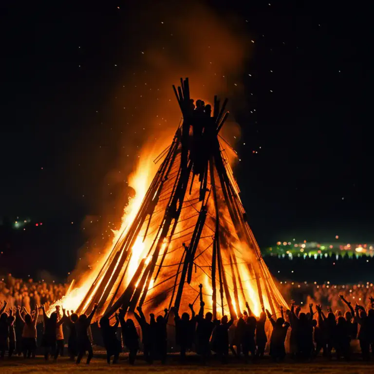 Visual representation of "pyre" - A large, open fire, typically one built for a celebration