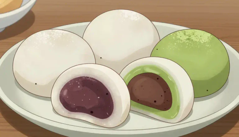 Visual representation of "mochi" - A dessert or snack made from mochi, often filled with various sweet or savory fillings.