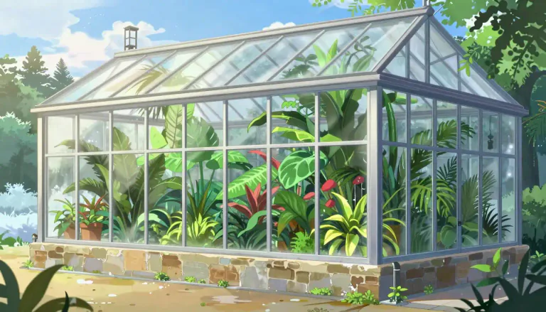 Visual representation of "glasshouse" - A building made mostly of glass, in which plants that need protection from cold weather are grown.