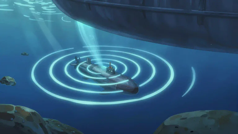 Visual representation of "sonar" - A system that uses sound waves to detect and locate objects underwater.
