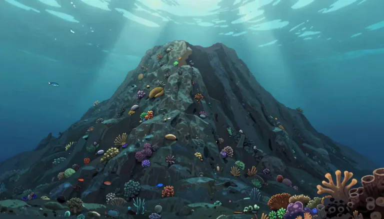 Visual representation of "seamount" - A seamount is an underwater mountain, typically formed by volcanic activity, which rises from the ocean floor but does not reach the ocean surface.