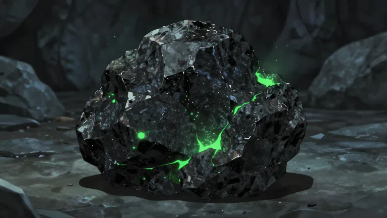 Visual representation of "pitchblende" - Pitchblende is a black, dense mineral that is the principal ore for uranium and is characterized by its strong radioactivity.