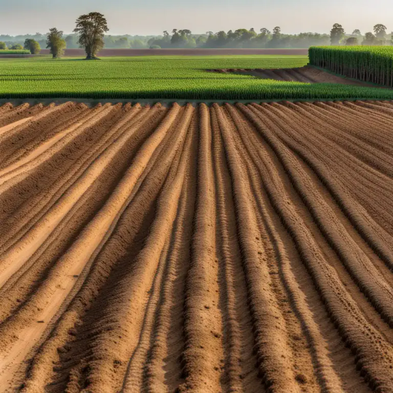 Visual representation of "topsoil" - The top layer of the earth's surface that is used for planting and farming.