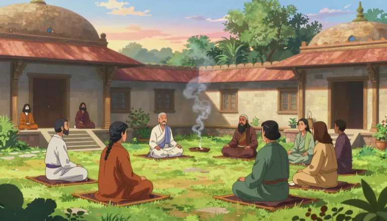 Visual representation of "ashram" - A place where people live and practice spiritual teachings, usually in Hinduism.
