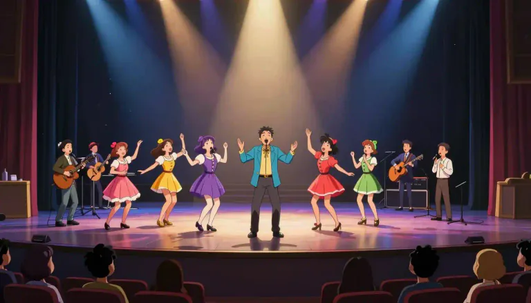 Visual representation of "revue" - A type of theatre show that combines songs, dance, and comedy sketches.