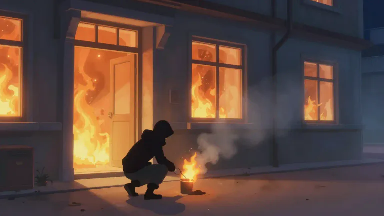 Visual representation of "arson" - The act of purposely setting fire to property or buildings.