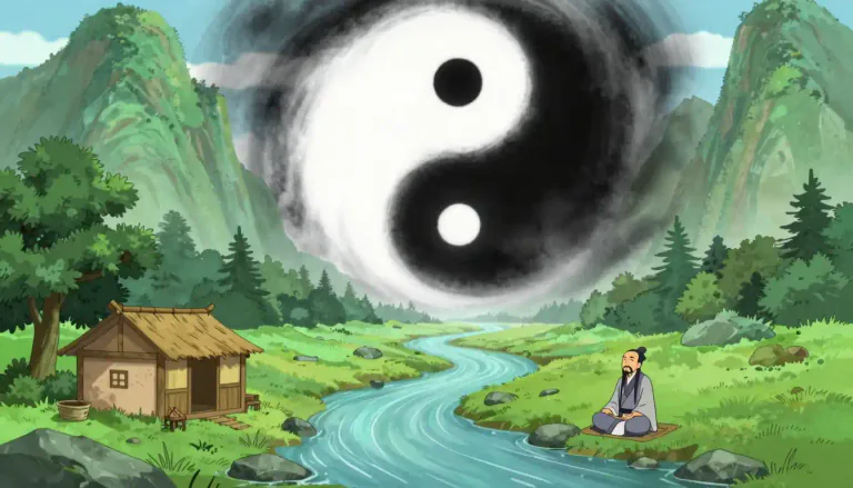 Visual representation of "taoism" - A Chinese philosophy based on the writings of Lao-tzu that values simple and natural life and the balancing forces of nature.