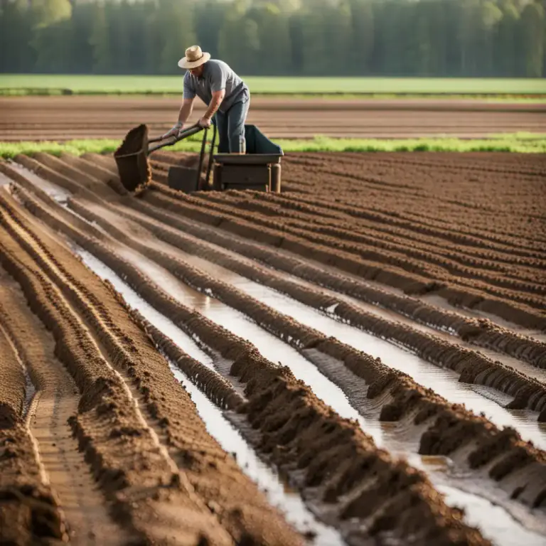 Visual representation of "trench" - A deep furrow or ditch used on farms to manage water flow