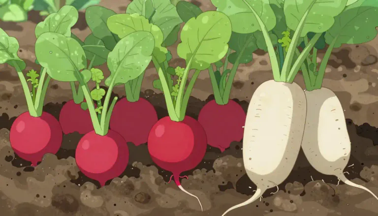 Visual representation of "radish" - A plant with edible root, usually red and round or white and long.