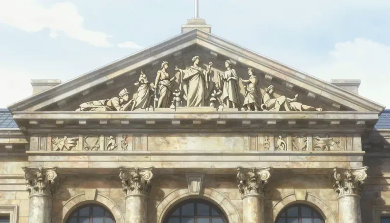 Visual representation of "pediment" - A triangular or curved structure on the top of a building or wall, especially in classical architecture.